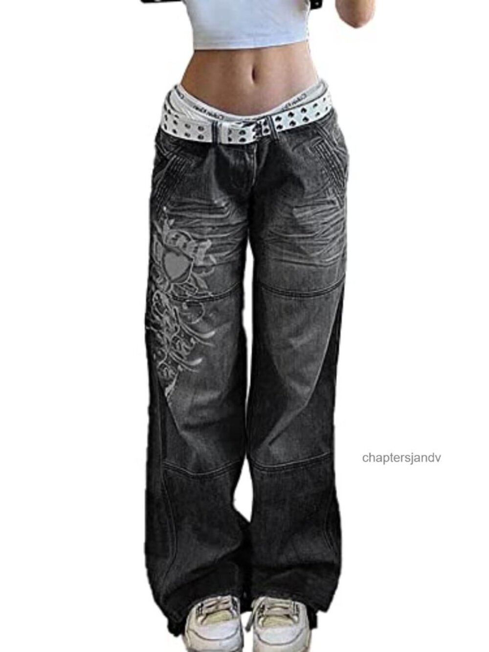 Xineicy Low Rise Wide Leg Baggy Cargo Jeans Heart Pattern